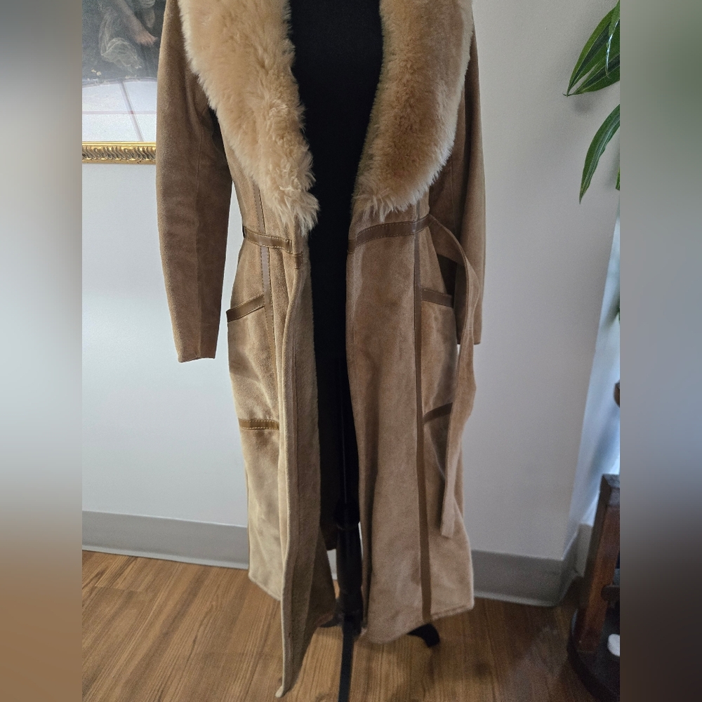 Long Vintage Suede Jacket Faux Fur Collar - Picture 4 of 16
